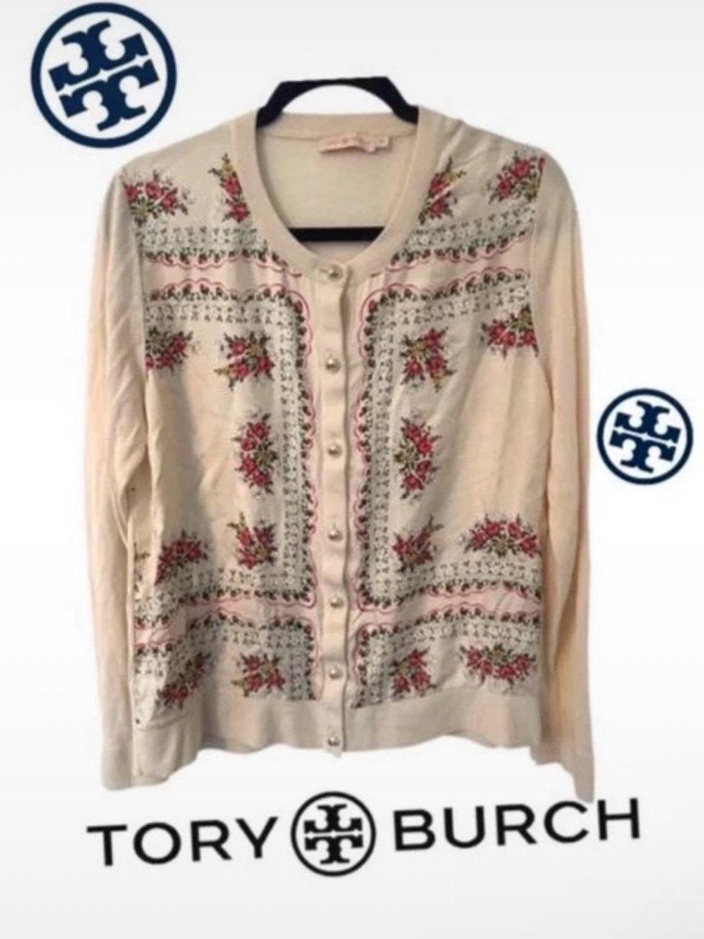 Tory Burch Silk/Cotton Cream Cardigan with Pink and Green Floral Embroidery